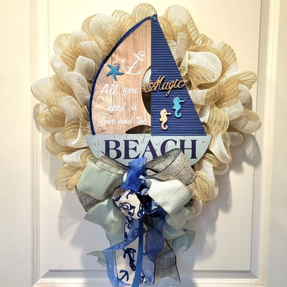 Beach Wreath Sailboat Deco Mesh Bow Coastal Navy Teal Sand - Picture 2 of 4